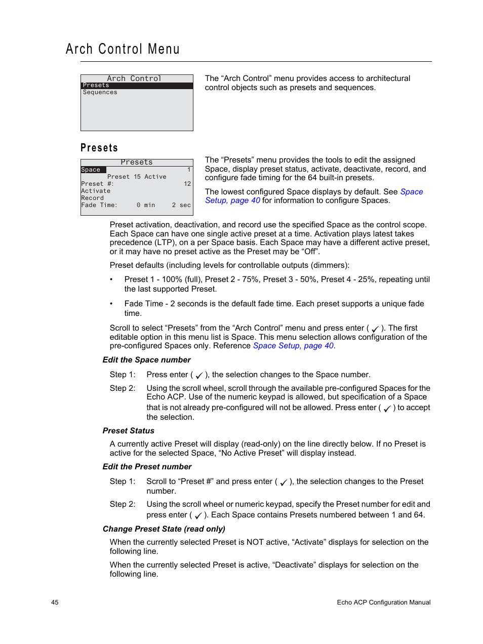 Arch control menu, Presets, Edit the space number | Preset status, Edit the preset number, Change preset state (read only) | ETC Echo Architectural Control Processor (ACP) v1.0.0 User Manual | Page 50 / 88