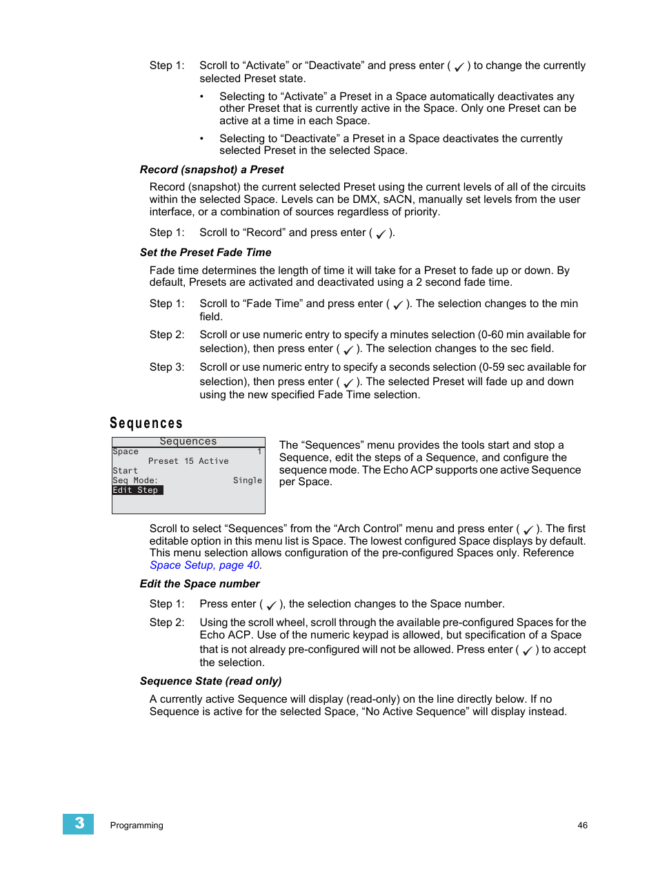 Record (snapshot) a preset, Set the preset fade time, Sequences | Edit the space number, Sequence state (read only) | ETC Echo Architectural Control Processor (ACP) v1.0.0 User Manual | Page 51 / 88