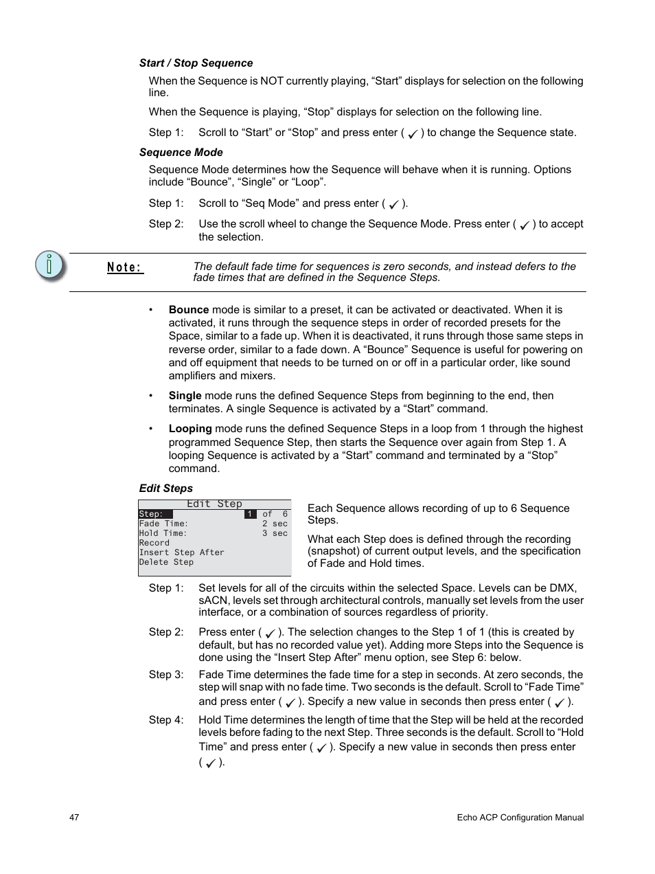 Start / stop sequence, Sequence mode, Edit steps | N o t e | ETC Echo Architectural Control Processor (ACP) v1.0.0 User Manual | Page 52 / 88