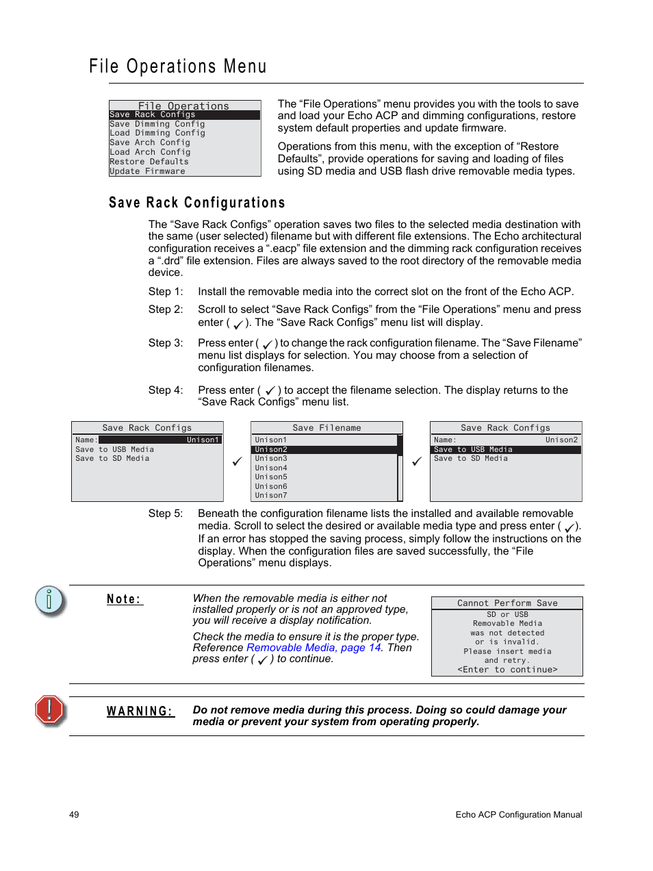 File operations menu, Save rack configurations, N o t e | ETC Echo Architectural Control Processor (ACP) v1.0.0 User Manual | Page 54 / 88