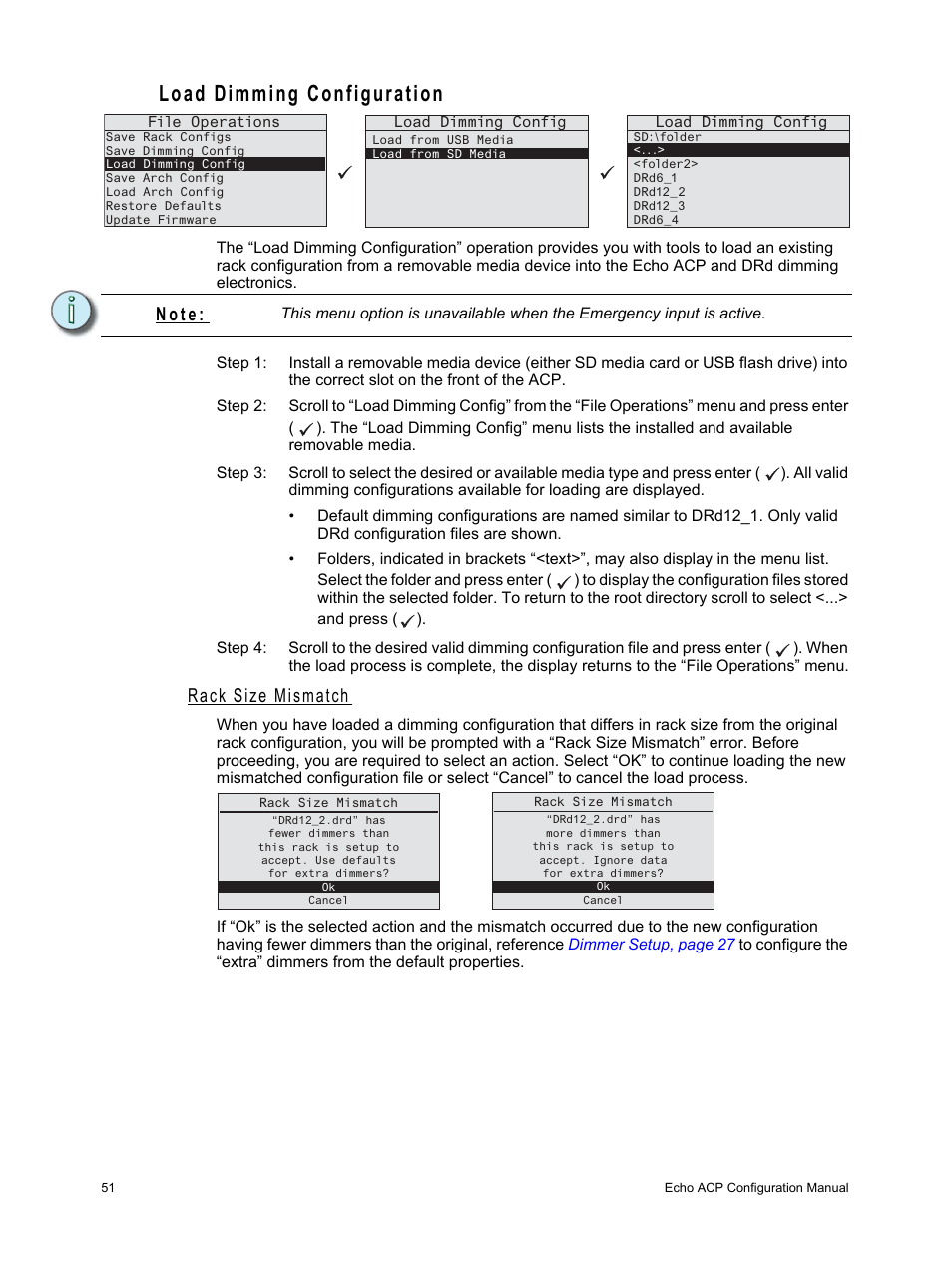 Load dimming configuration, Rack size mismatch, N o t e | ETC Echo Architectural Control Processor (ACP) v1.0.0 User Manual | Page 56 / 88