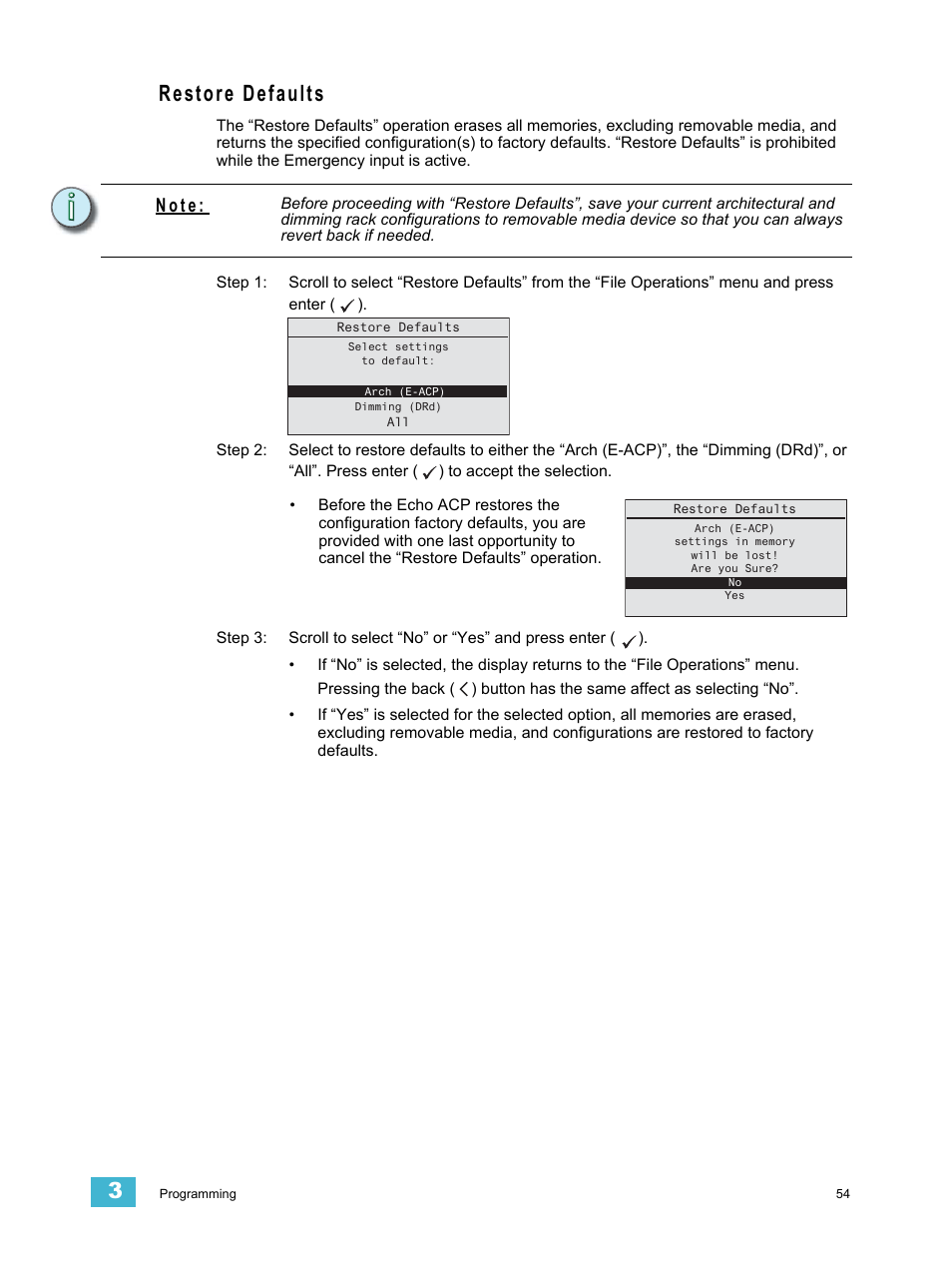 Restore defaults, N o t e | ETC Echo Architectural Control Processor (ACP) v1.0.0 User Manual | Page 59 / 88
