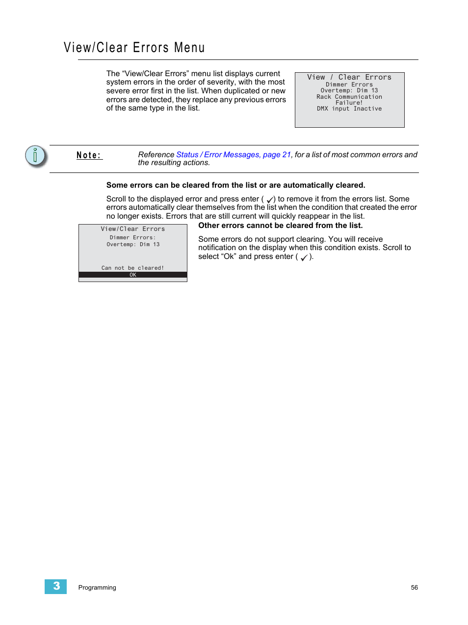 View/clear errors menu, N o t e | ETC Echo Architectural Control Processor (ACP) v1.0.0 User Manual | Page 61 / 88
