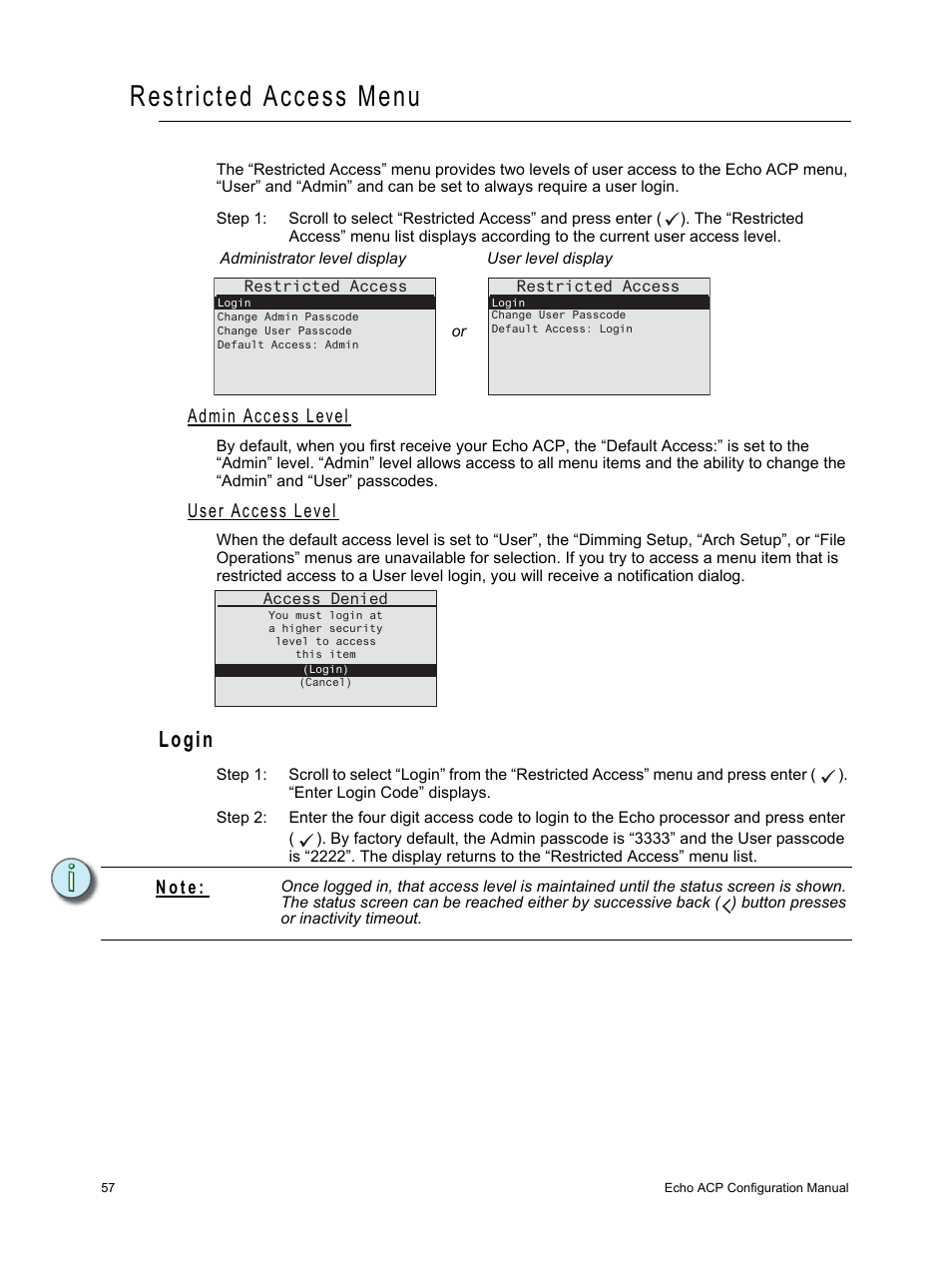 Restricted access menu, Admin access level, User access level | Login, N o t e | ETC Echo Architectural Control Processor (ACP) v1.0.0 User Manual | Page 62 / 88