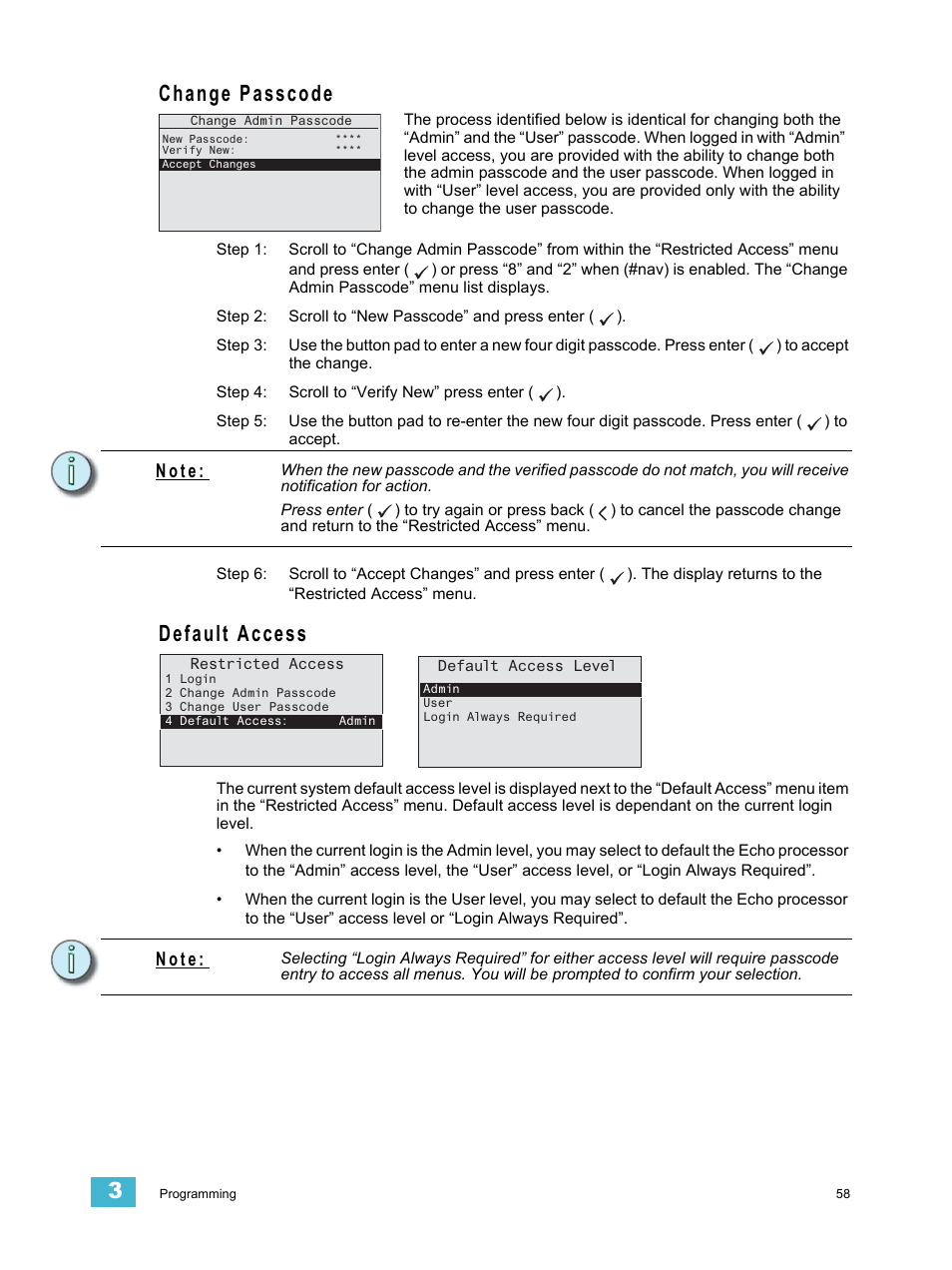 Change passcode, Default access, Change passcode default access | N o t e | ETC Echo Architectural Control Processor (ACP) v1.0.0 User Manual | Page 63 / 88