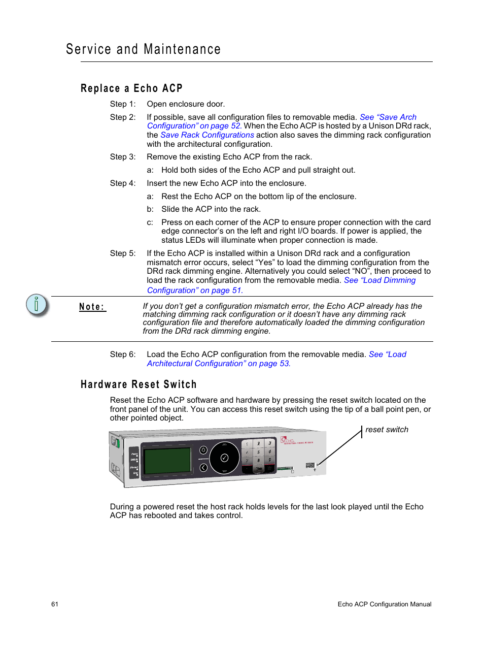 Service and maintenance, Replace a echo acp, Hardware reset switch | Replace a echo acp hardware reset switch | ETC Echo Architectural Control Processor (ACP) v1.0.0 User Manual | Page 66 / 88