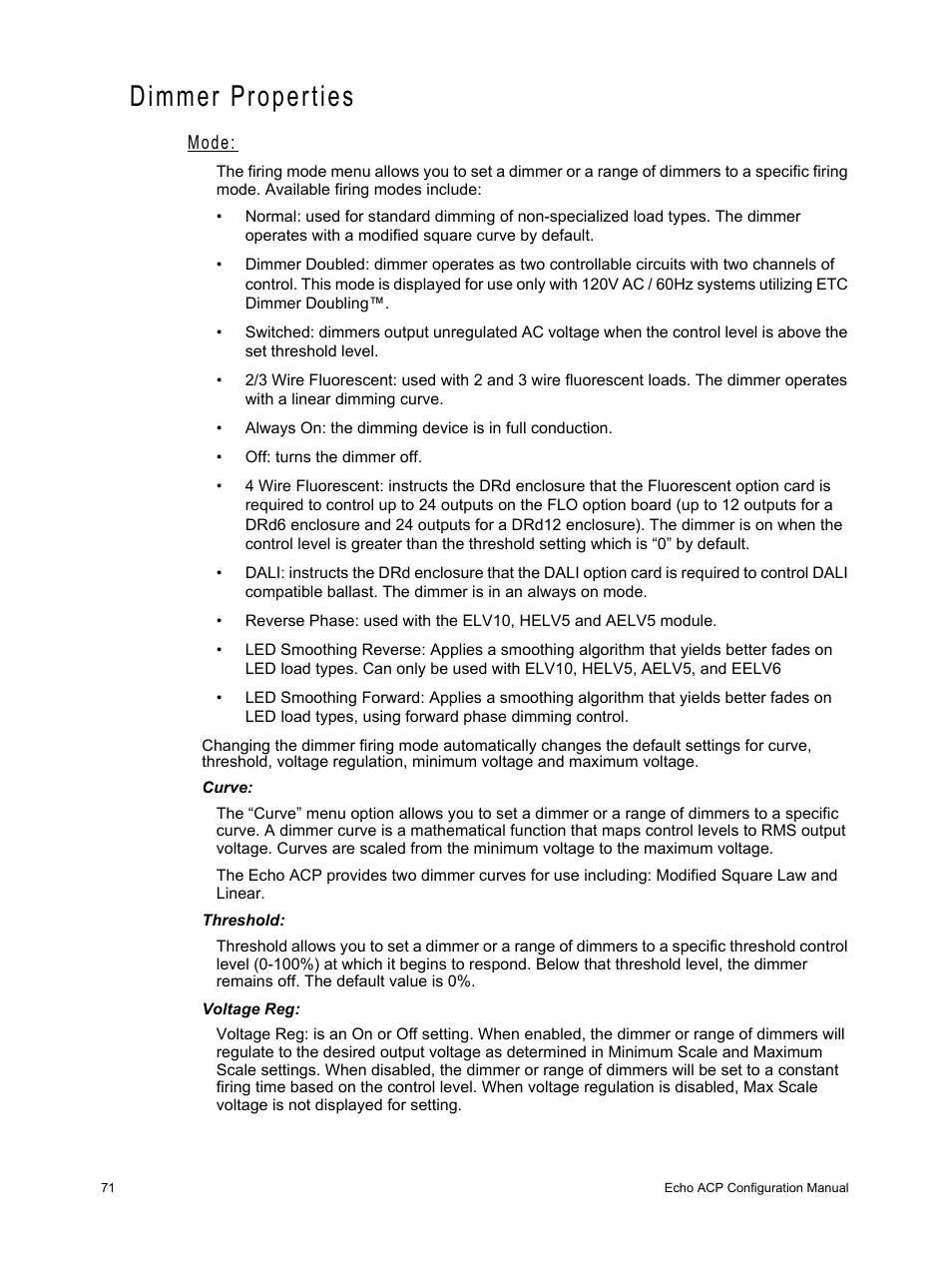 Dimmer properties, Mode, Curve | Threshold, Voltage reg, Ence | ETC Echo Architectural Control Processor (ACP) v1.0.0 User Manual | Page 76 / 88