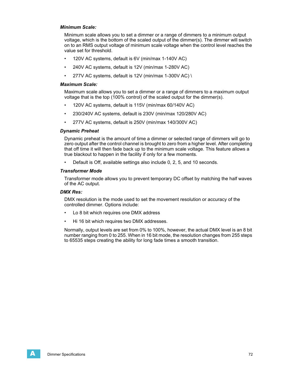Minimum scale, Maximum scale, Dynamic preheat | Transformer mode, Dmx res | ETC Echo Architectural Control Processor (ACP) v1.0.0 User Manual | Page 77 / 88