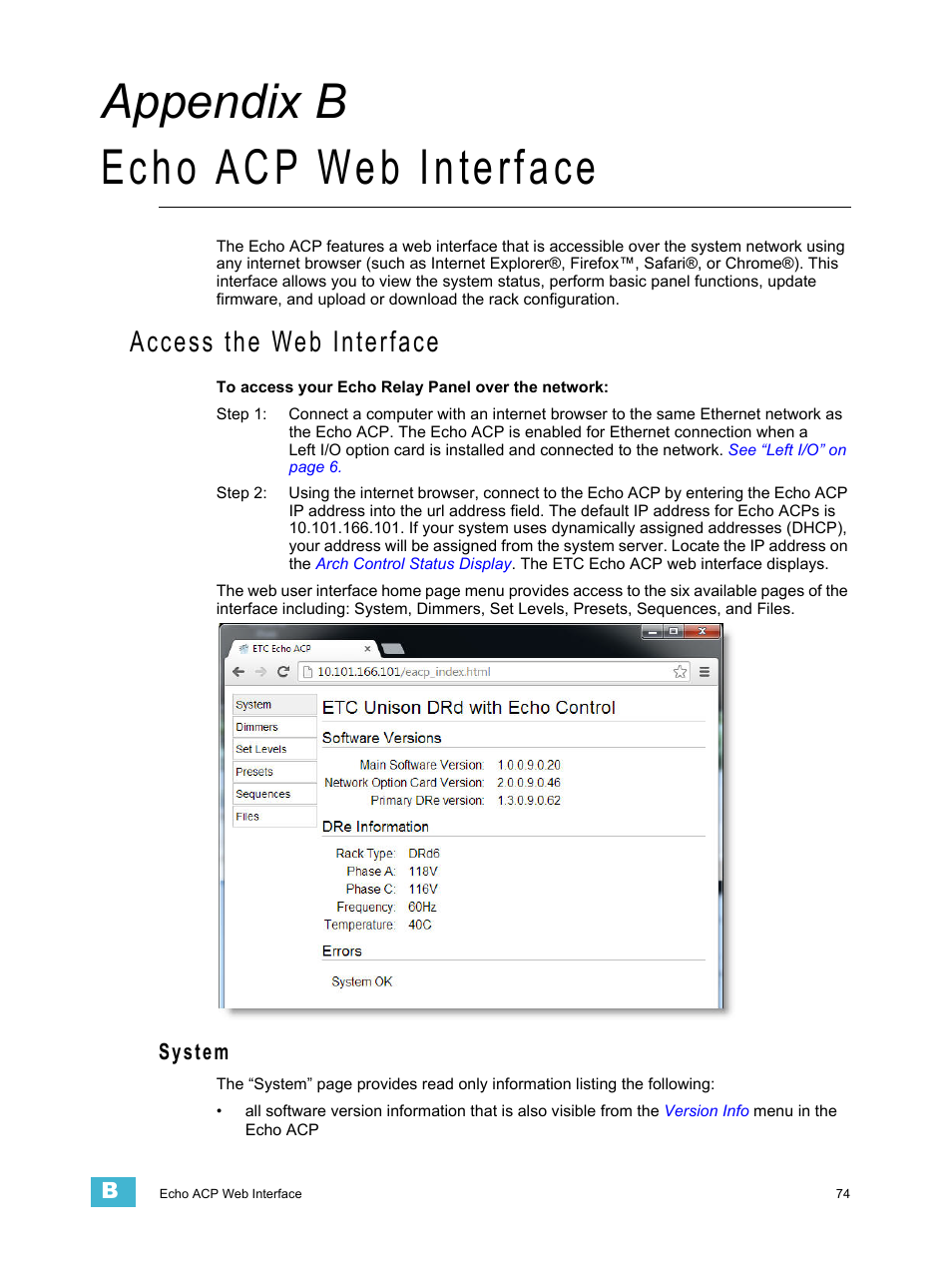 Echo acp web interface, Access the web interface, System | A p p e n d i x b, Appendix b echo acp web interface | ETC Echo Architectural Control Processor (ACP) v1.0.0 User Manual | Page 79 / 88