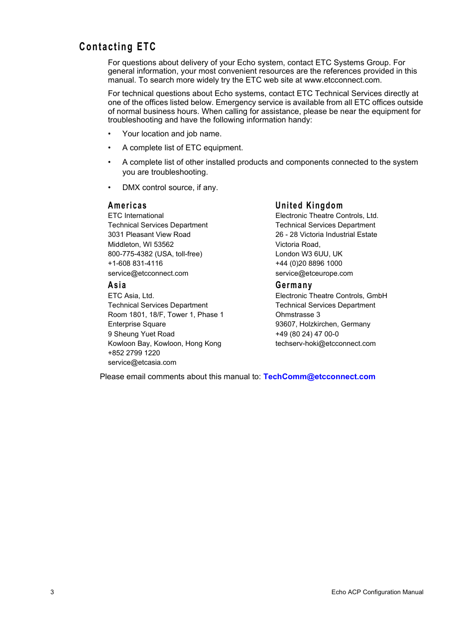 Contacting etc, Americas, United kingdom | Asia, Germany | ETC Echo Architectural Control Processor (ACP) v1.0.0 User Manual | Page 8 / 88