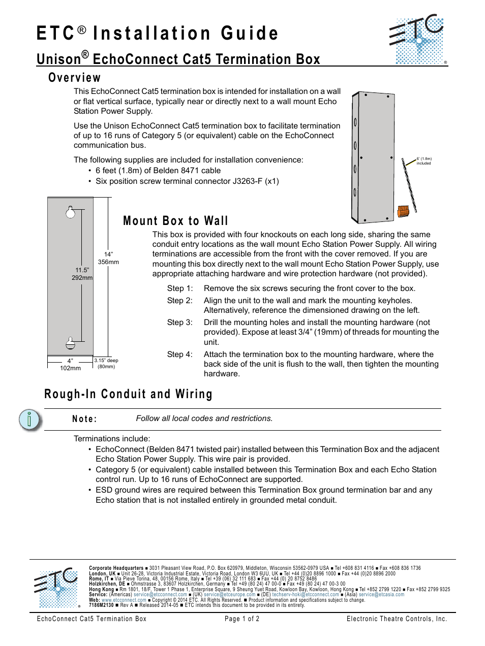 ETC EchoConnect Cat5 Termination Box User Manual | 2 pages