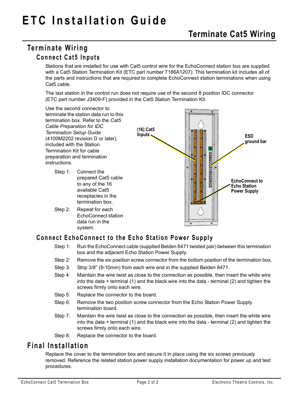 Terminate wiring, Connect cat5 inputs, Final installation | Terminate cat5 wiring | ETC EchoConnect Cat5 Termination Box User Manual | Page 2 / 2