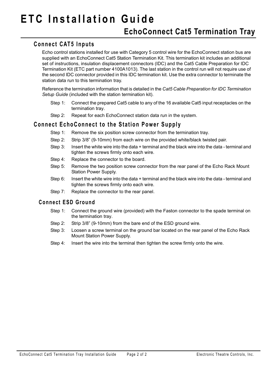 Connect cat5 inputs, Connect echoconnect to the station power supply, Connect esd ground | Echoconnect cat5 termination tray | ETC EchoConnect Cat5 Termination Tray User Manual | Page 2 / 2