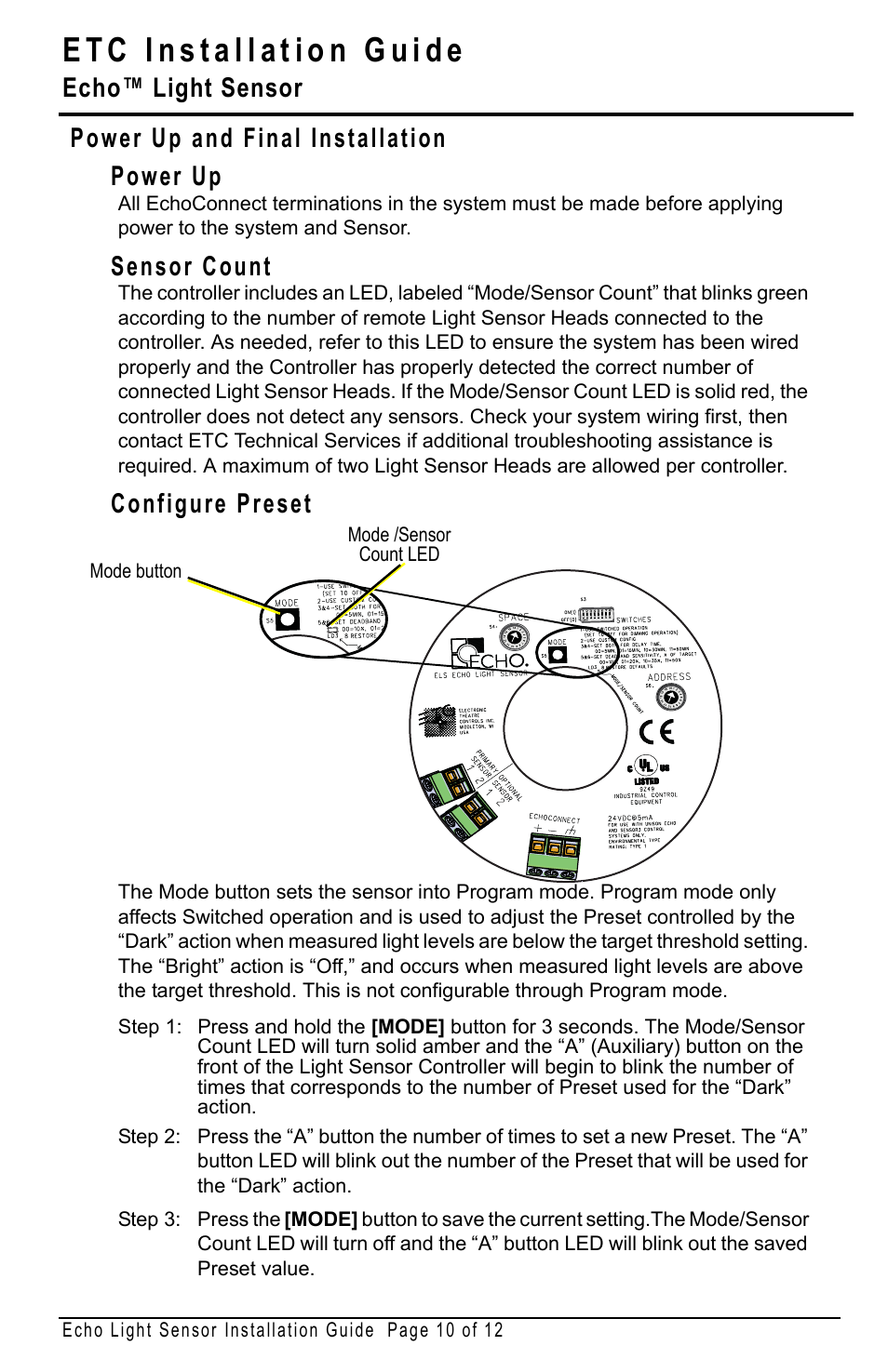 Power up and final installation, Power up, Sensor count | Configure preset, Echo™ light sensor, Power up and final installation power up | ETC Echo Light Sensor User Manual | Page 10 / 12