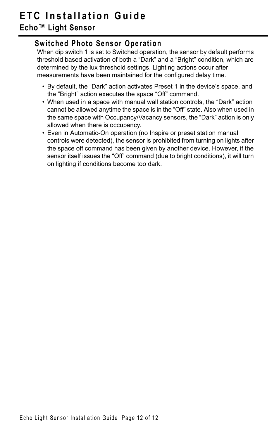 Switched photo sensor operation, Switched photo, Echo™ light sensor | ETC Echo Light Sensor User Manual | Page 12 / 12