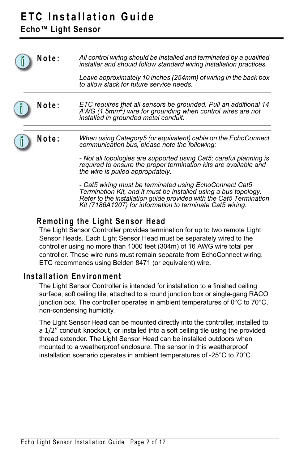 Remoting the light sensor head, Installation environment, Echo™ light sensor | N o t e | ETC Echo Light Sensor User Manual | Page 2 / 12