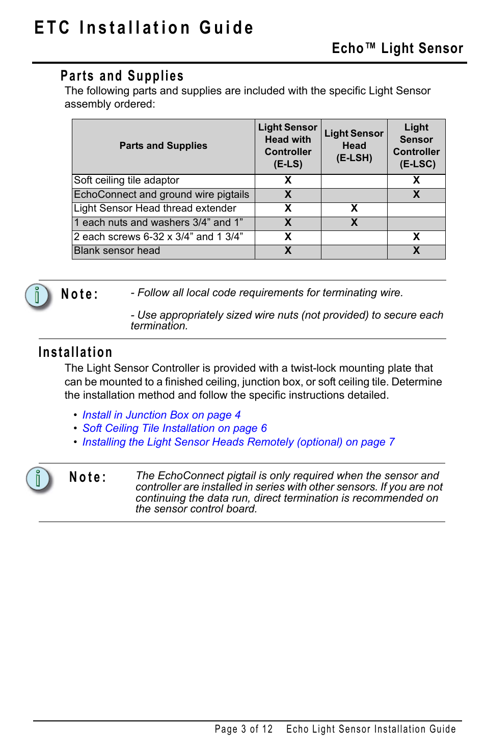 Parts and supplies, Installation, Echo™ light sensor | N o t e | ETC Echo Light Sensor User Manual | Page 3 / 12