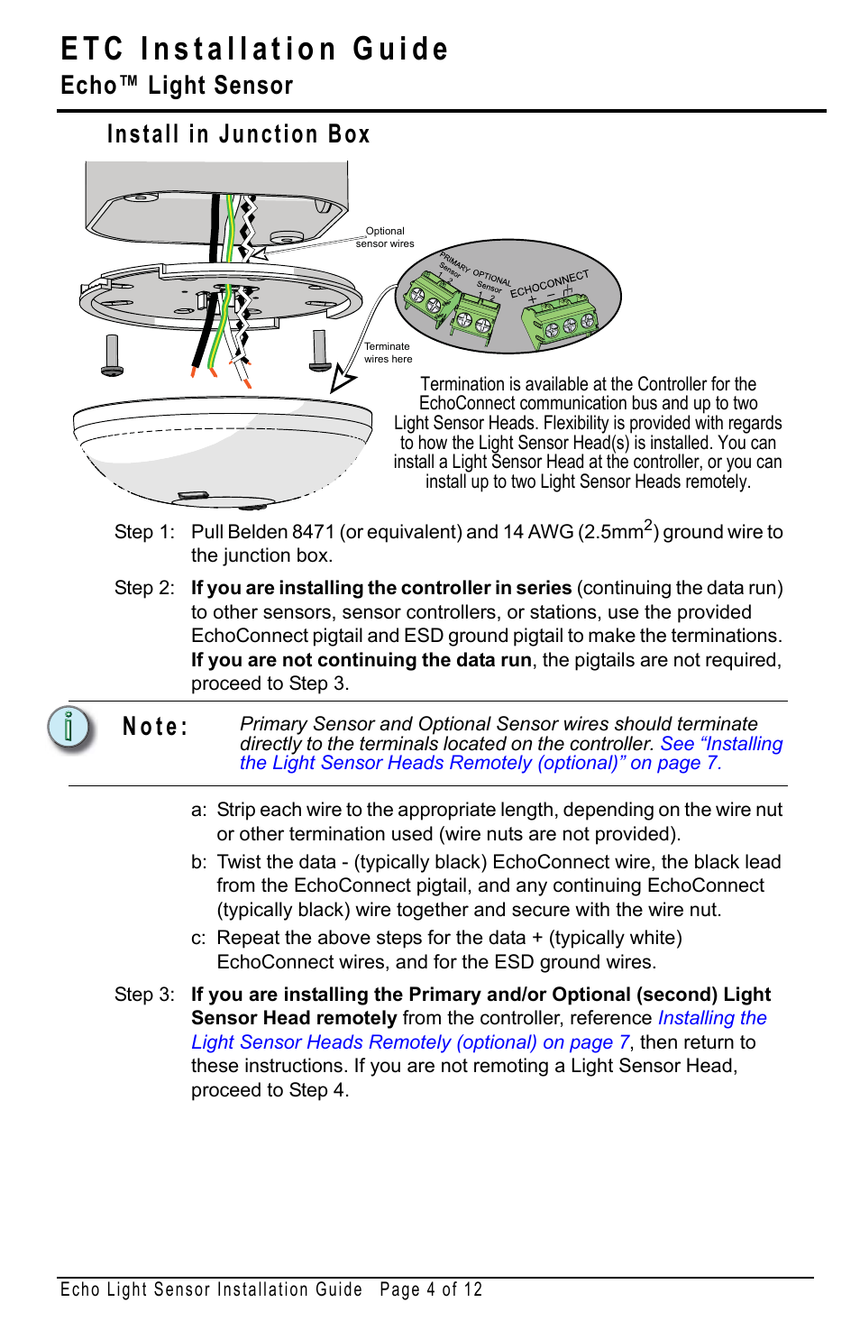 Install in junction box, Echo™ light sensor, N o t e | ETC Echo Light Sensor User Manual | Page 4 / 12