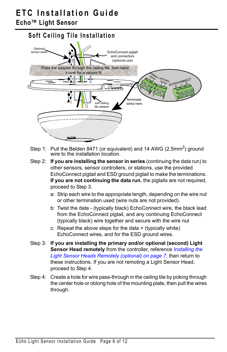 Soft ceiling tile installation, Echo™ light sensor | ETC Echo Light Sensor User Manual | Page 6 / 12