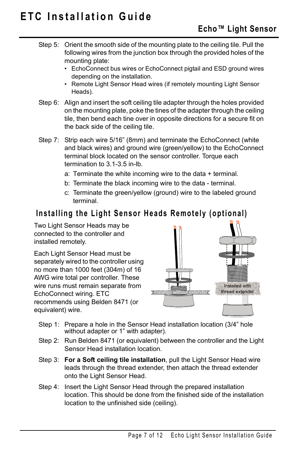 Installing the, See “installing, Echo™ light sensor | ETC Echo Light Sensor User Manual | Page 7 / 12