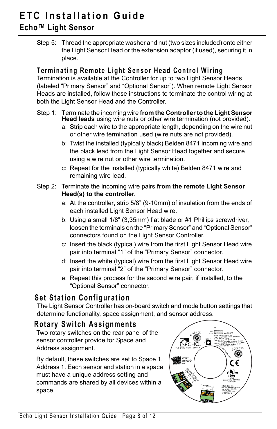 Set station configuration, Rotary switch assignments, Echo™ light sensor | ETC Echo Light Sensor User Manual | Page 8 / 12