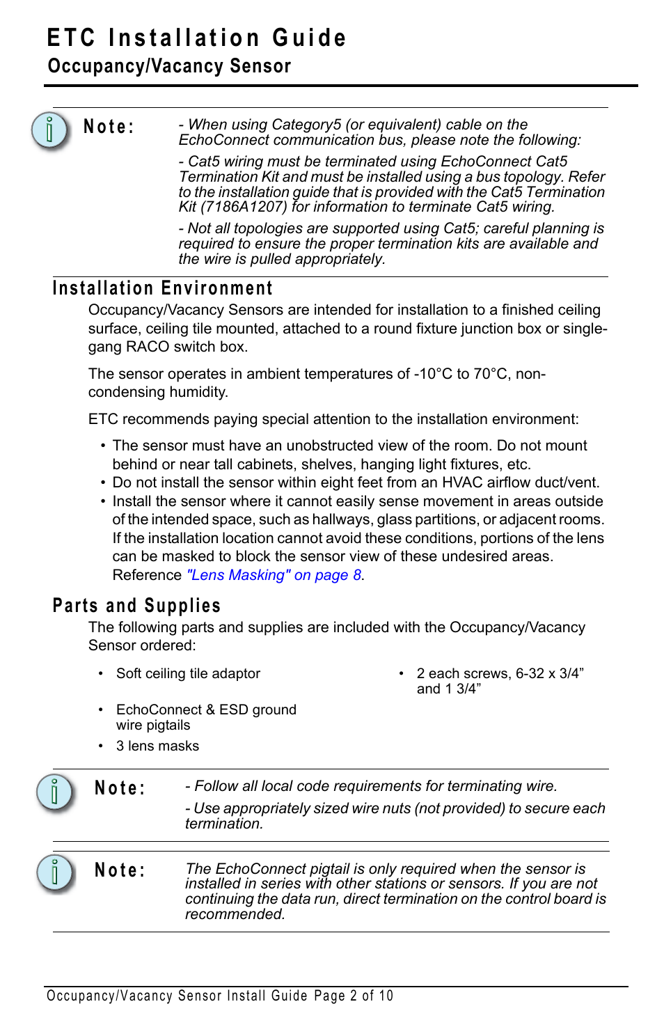 Installation environment, Parts and supplies, Occupancy/vacancy sensor | N o t e | ETC Echo Occupancy-Vacancy Sensor User Manual | Page 2 / 10