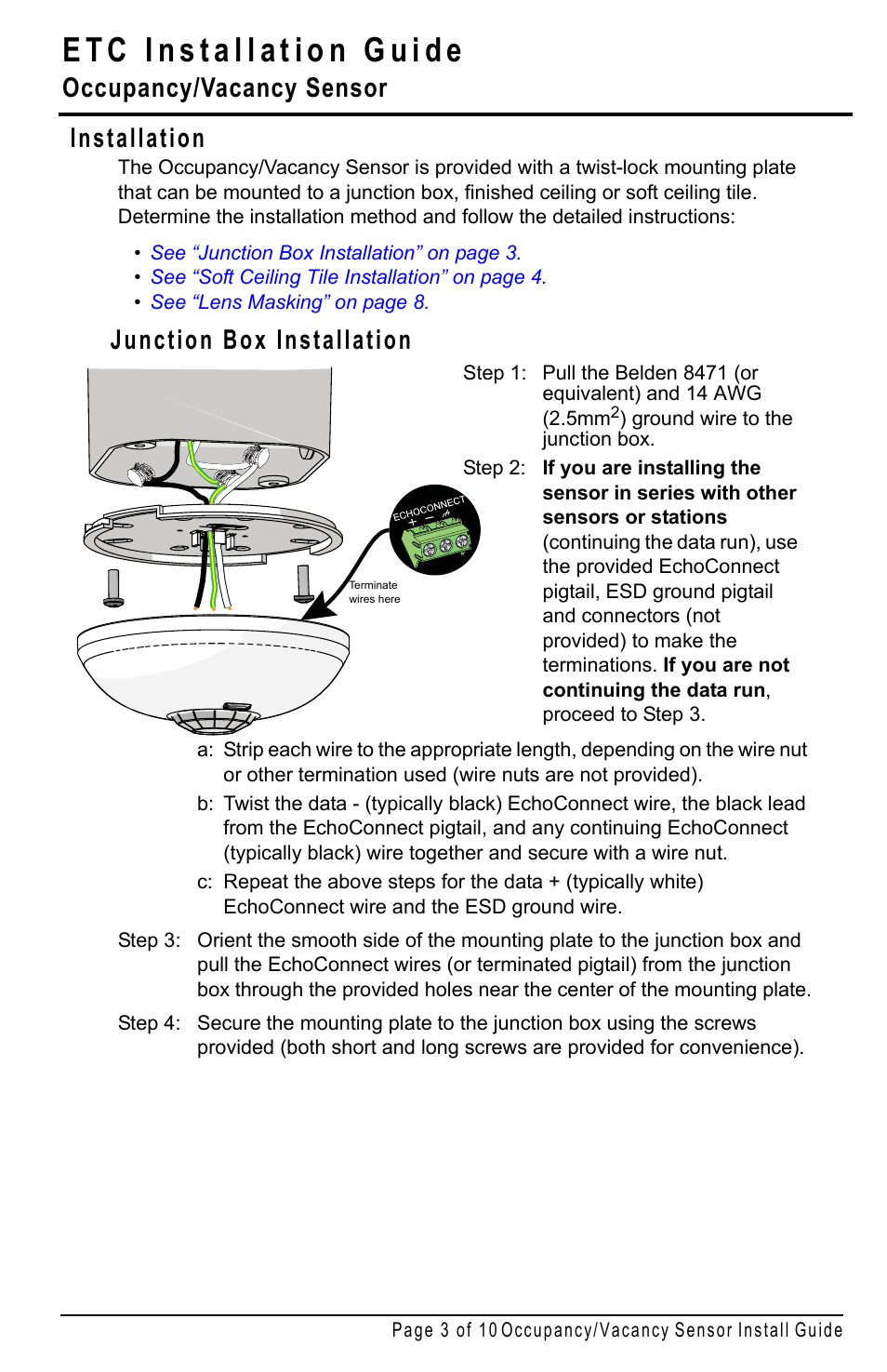 Installation, Junction box installation, Occupancy/vacancy sensor | ETC Echo Occupancy-Vacancy Sensor User Manual | Page 3 / 10