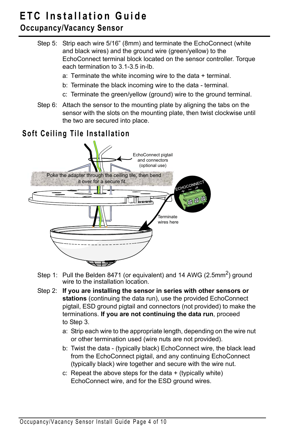 Soft ceiling tile installation, Occupancy/vacancy sensor | ETC Echo Occupancy-Vacancy Sensor User Manual | Page 4 / 10