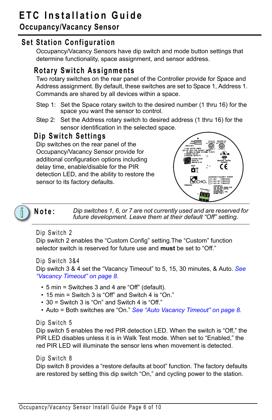 Set station configuration, Rotary switch assignments, Dip switch settings | Dip switch 2, Dip switch 3&4, Dip switch 5, Dip switch 8, Occupancy/vacancy sensor, N o t e | ETC Echo Occupancy-Vacancy Sensor User Manual | Page 6 / 10