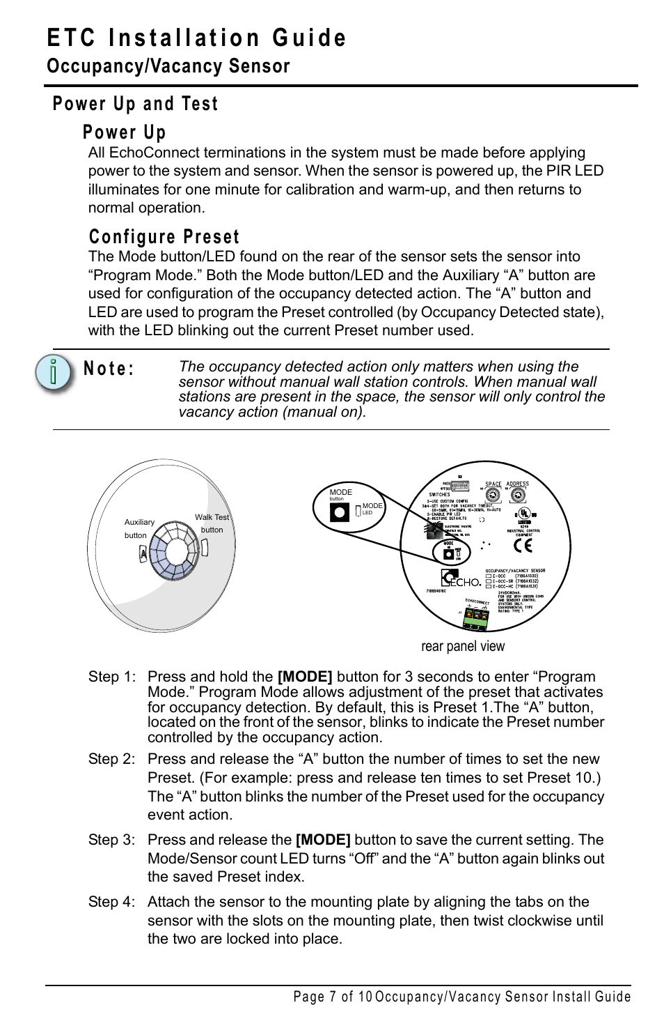 Power up and test, Power up, Configure preset | Occupancy/vacancy sensor, Power up and test power up, N o t e | ETC Echo Occupancy-Vacancy Sensor User Manual | Page 7 / 10