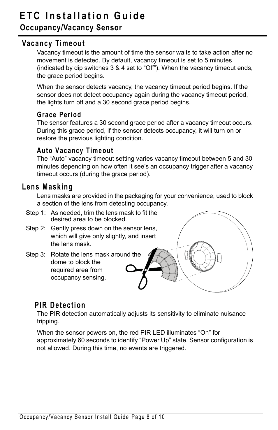 Vacancy timeout, Grace period, Auto vacancy timeout | Lens masking, Pir detection, Occupancy/vacancy sensor | ETC Echo Occupancy-Vacancy Sensor User Manual | Page 8 / 10
