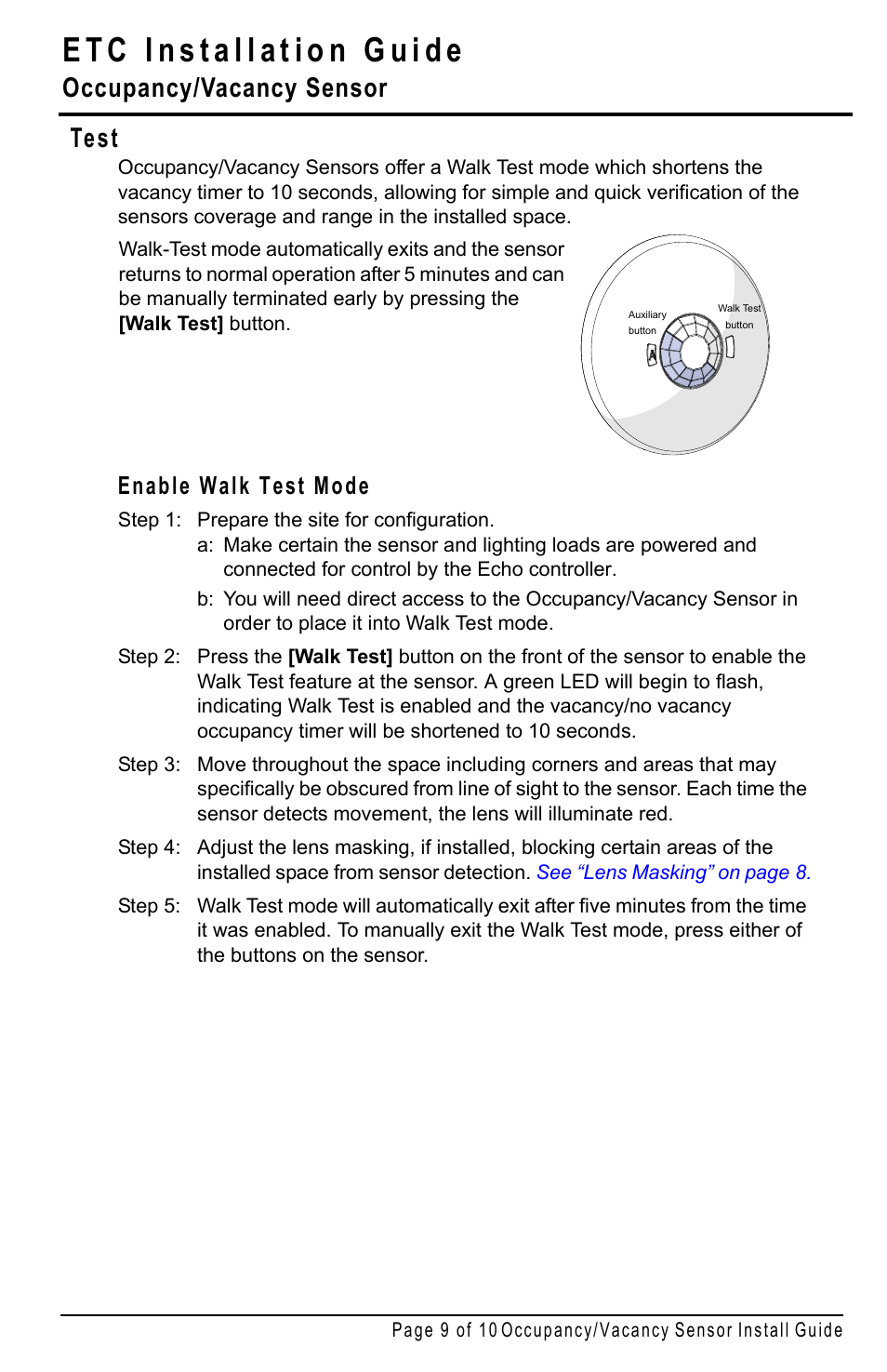 Test, Enable walk test mode, Occupancy/vacancy sensor | ETC Echo Occupancy-Vacancy Sensor User Manual | Page 9 / 10