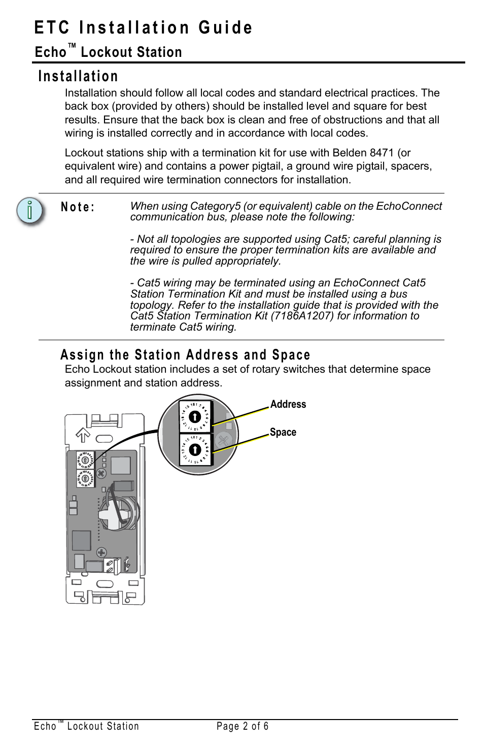 Installation, Assign the station address and space, Echo | Lockout station | ETC Echo Lockout Station User Manual | Page 2 / 6