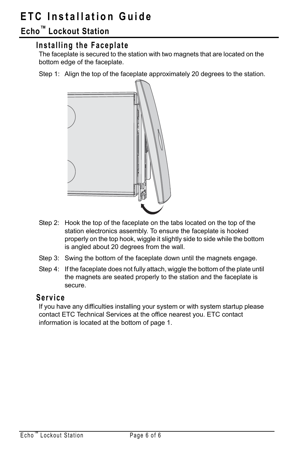 Installing the faceplate, Service, Echo | Lockout station | ETC Echo Lockout Station User Manual | Page 6 / 6