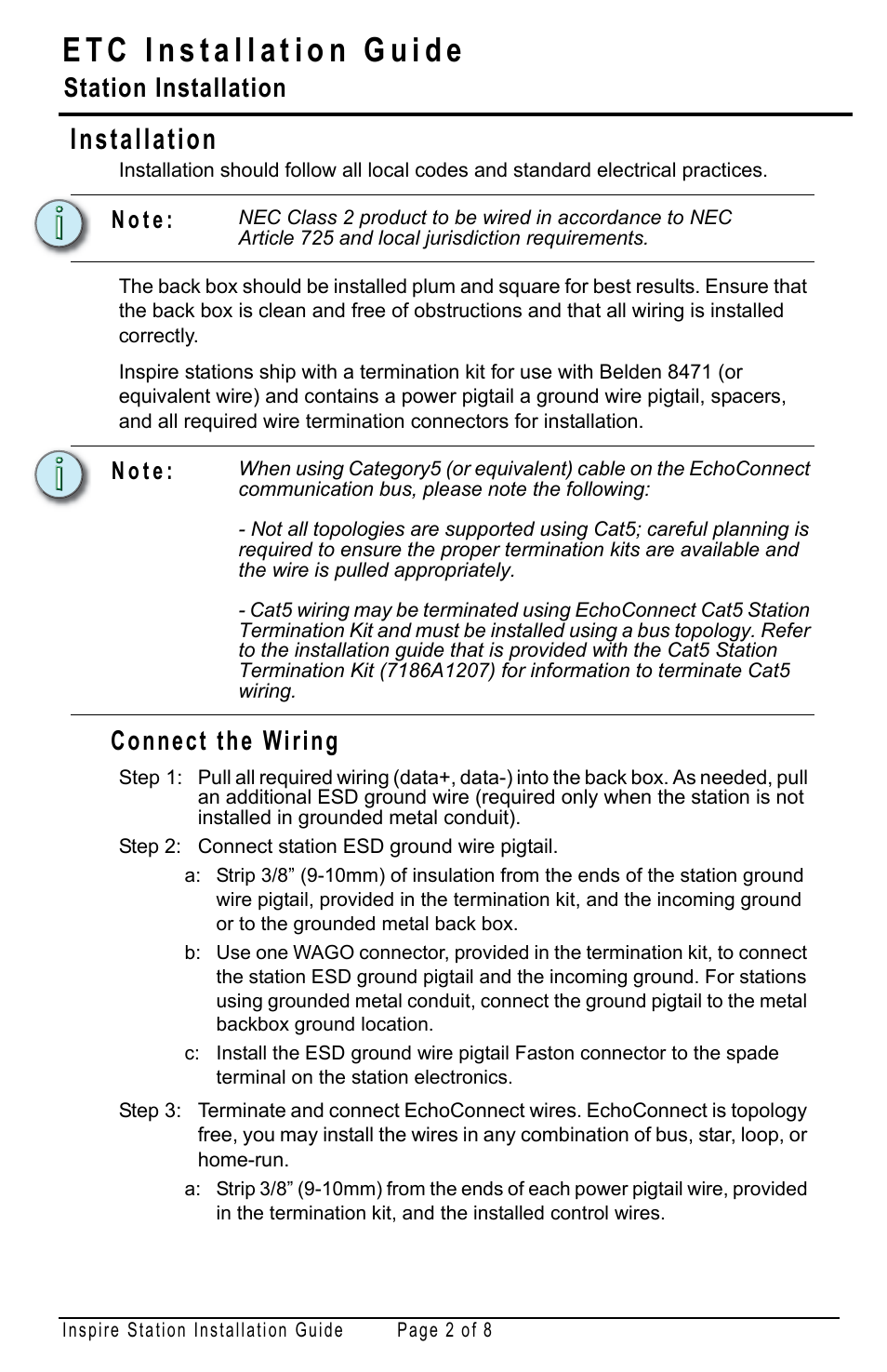 Installation, Connect the wiring, Station installation | N o t e | ETC Echo Inspire Station User Manual | Page 2 / 8