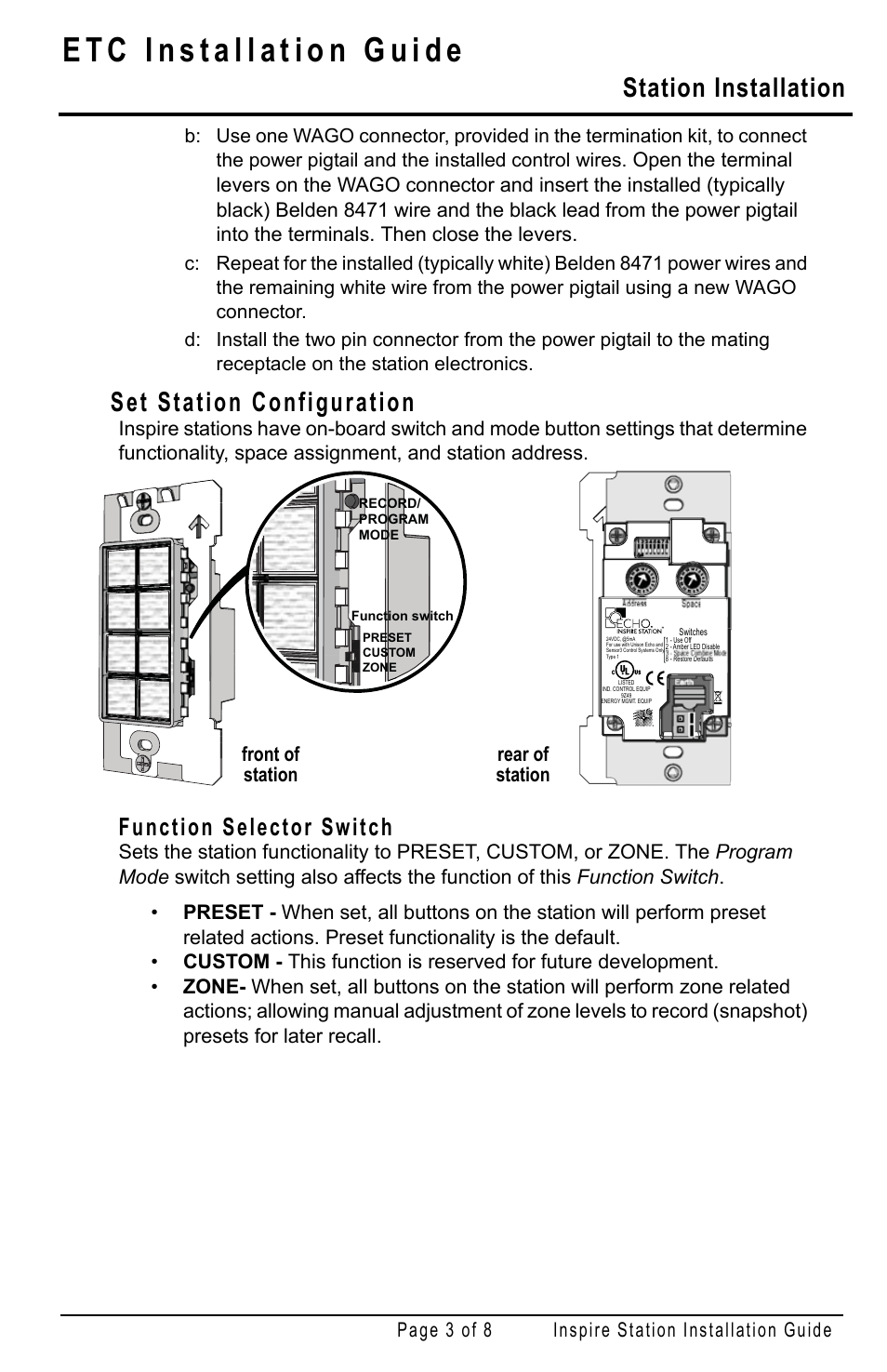 Set station configuration, Function selector switch, Station installation | Page 3 of 8 inspire station installation guide, Front of station rear of station | ETC Echo Inspire Station User Manual | Page 3 / 8