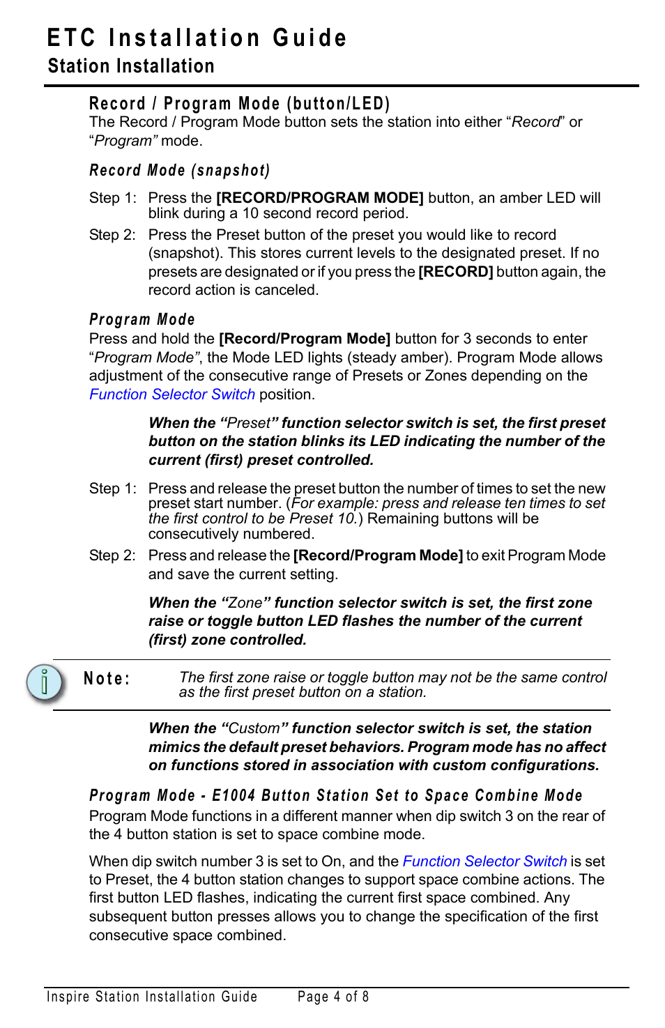 Record / program mode (button/led), Station installation, N o t e | ETC Echo Inspire Station User Manual | Page 4 / 8
