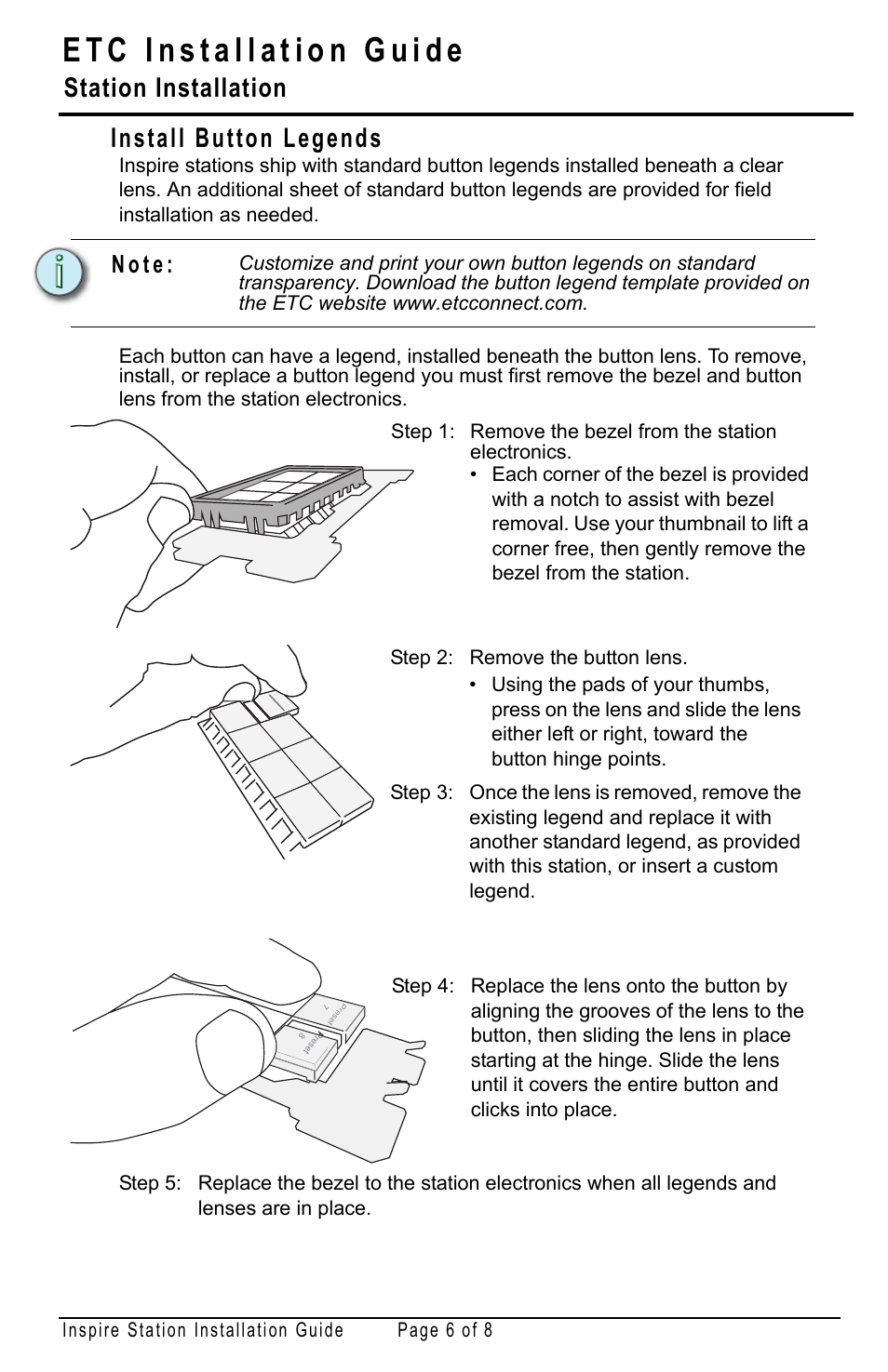 Install button legends, Station installation, N o t e | ETC Echo Inspire Station User Manual | Page 6 / 8