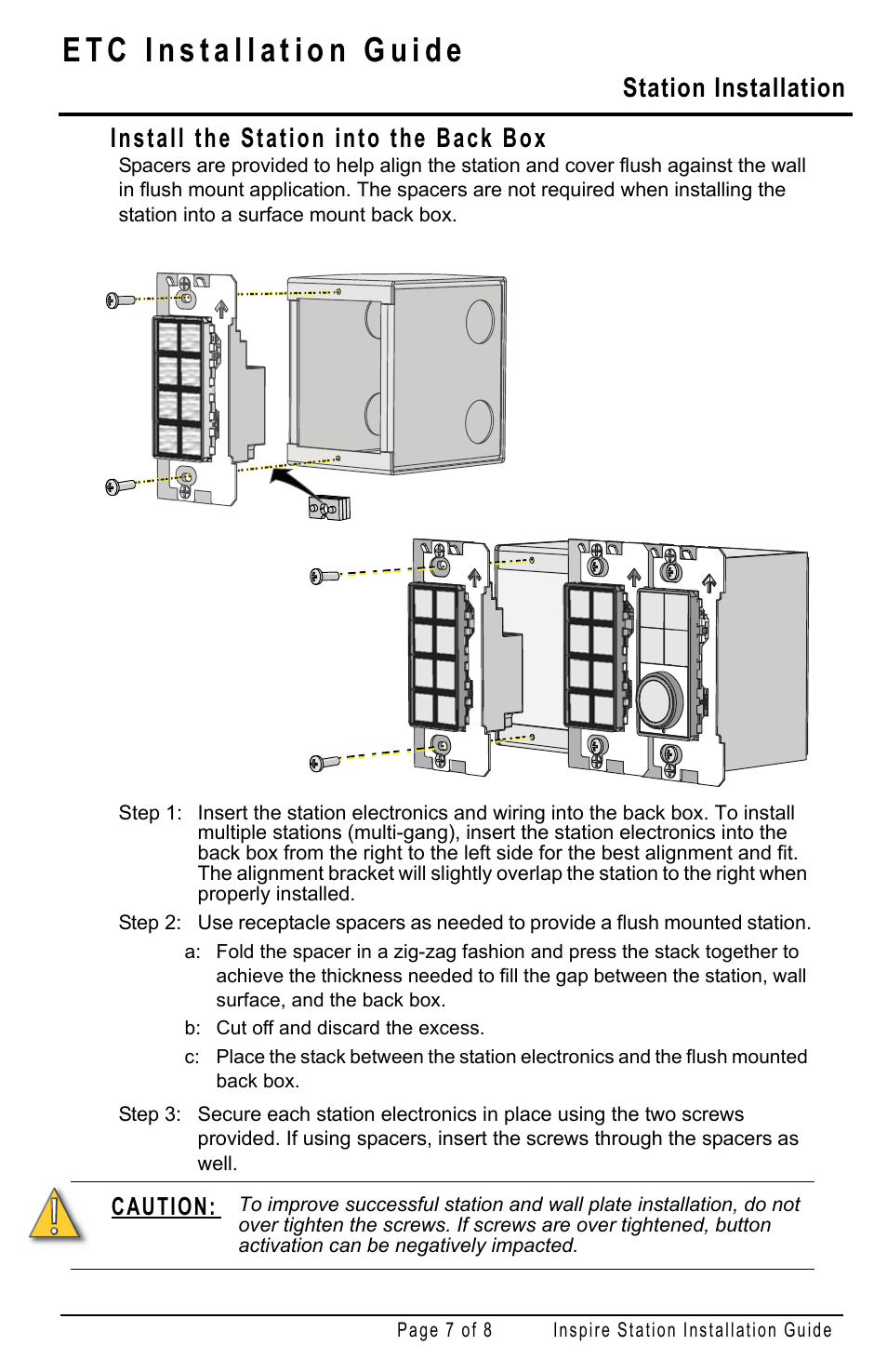 Install the station into the back box, Station installation, Caution | ETC Echo Inspire Station User Manual | Page 7 / 8