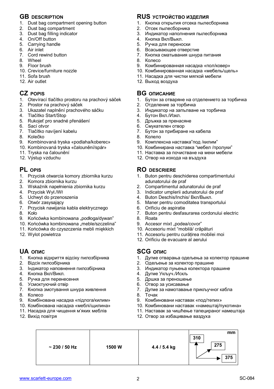 Ua scg | Scarlett SC-084 User Manual | Page 2 / 25