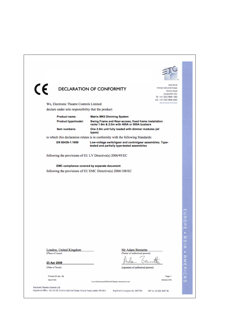 Appendix c, Conformity certificates | ETC Matrix MkII Rack User Manual | Page 30 / 32