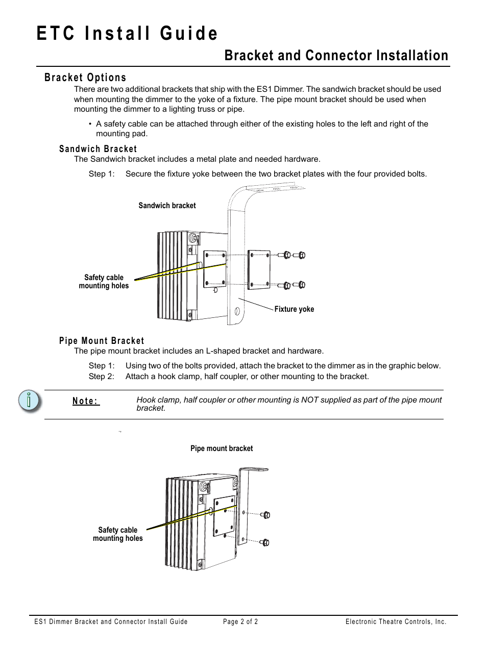 Bracket options, Sandwich bracket, Pipe mount bracket | Bracket and connector installation | ETC ES1 Bracket and Connector User Manual | Page 2 / 2