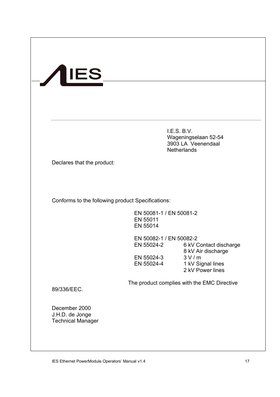 I.e.s. b.v | ETC SineWave Power Module (Ethernet) User Manual | Page 17 / 20