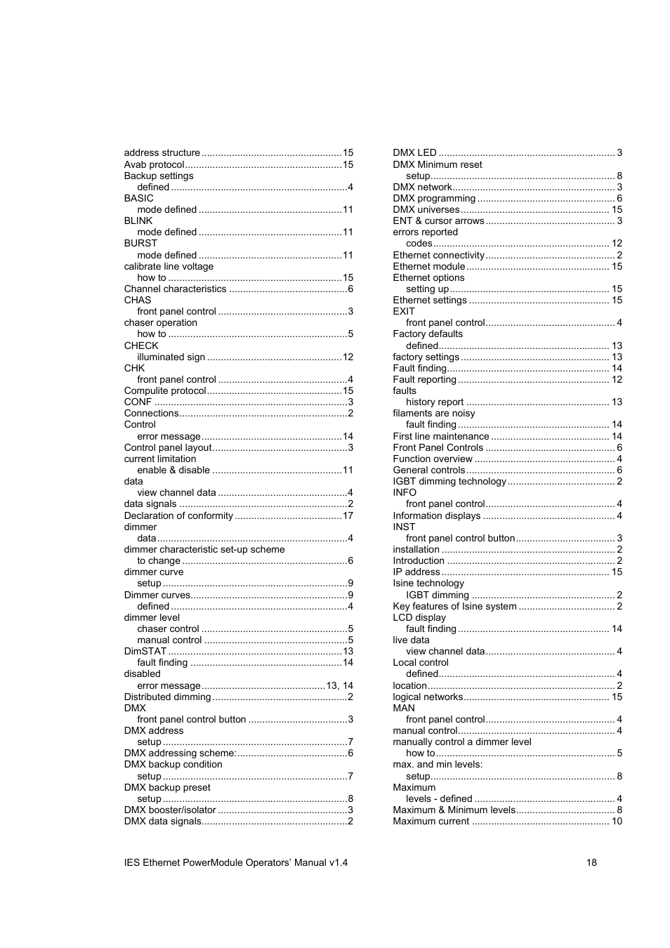 Index | ETC SineWave Power Module (Ethernet) User Manual | Page 18 / 20