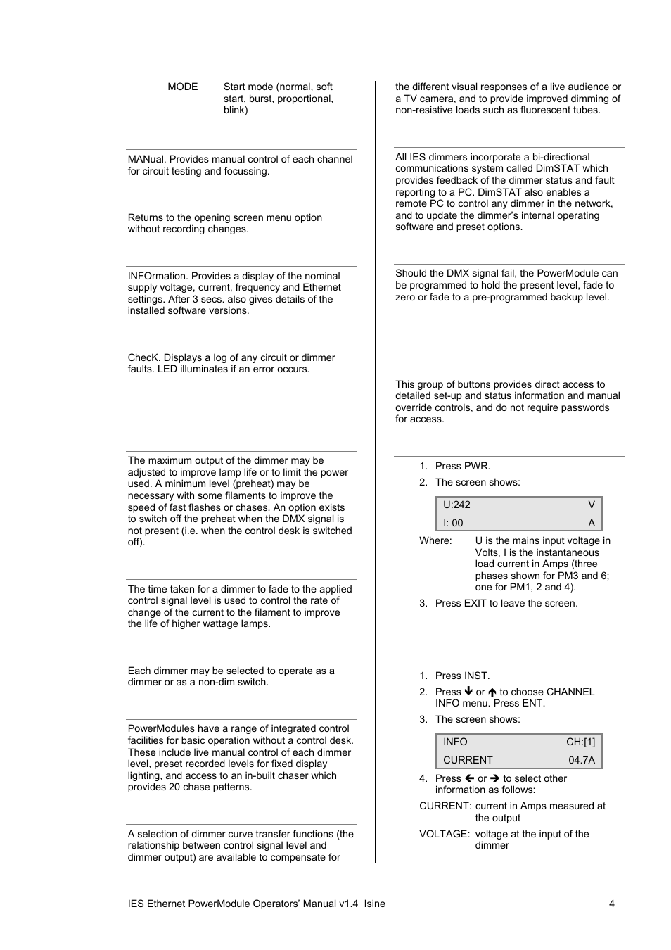 4 function overview, Information displays and manual control | ETC SineWave Power Module (Ethernet) User Manual | Page 4 / 20