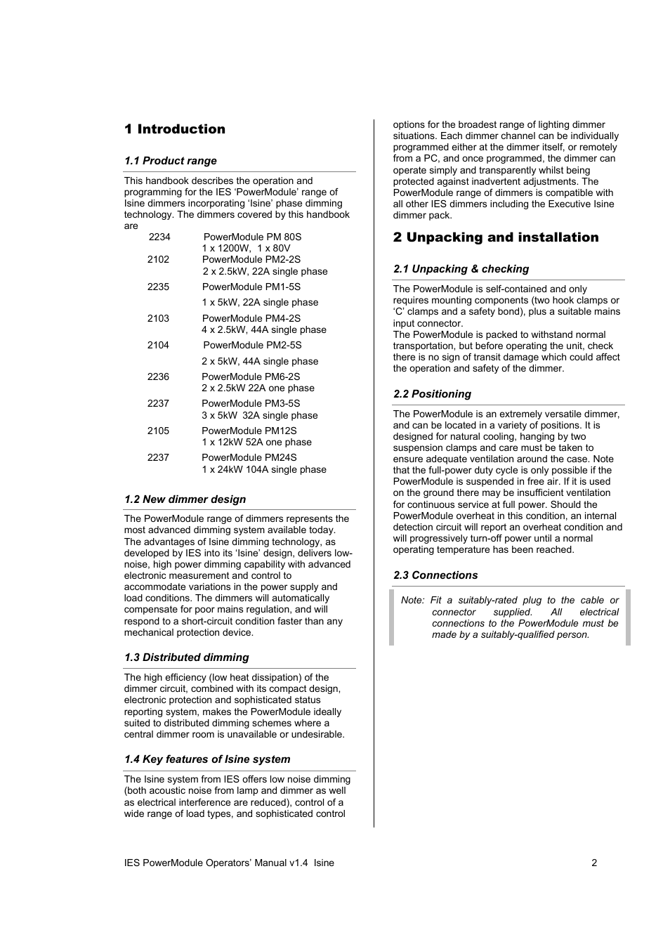 1 introduction, 2 unpacking and installation | ETC SineWave Power Module (DMX) User Manual | Page 2 / 21