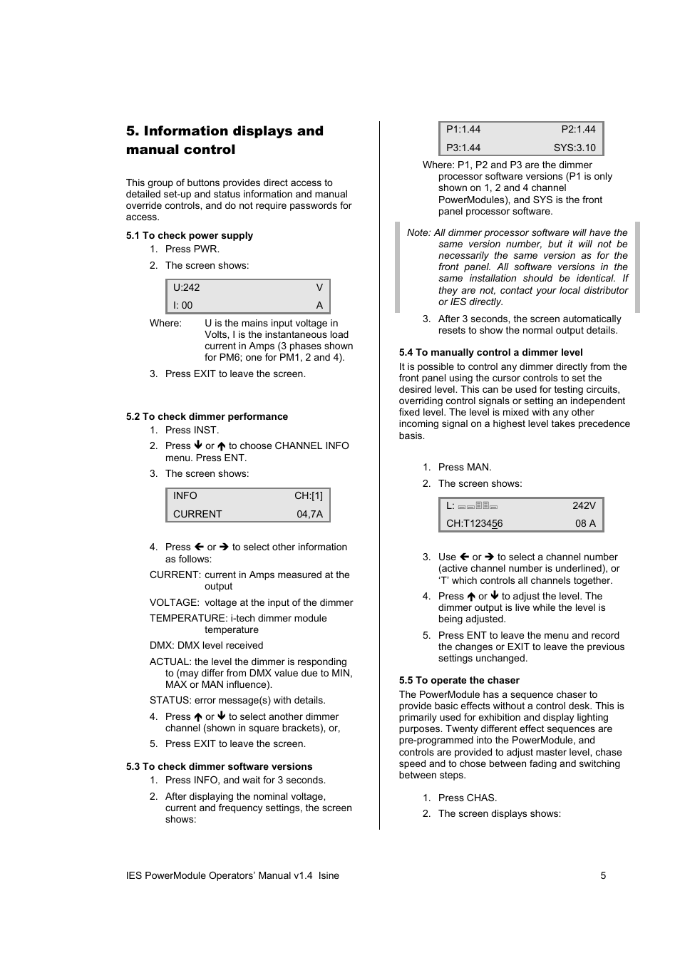 Information displays and manual control | ETC SineWave Power Module (DMX) User Manual | Page 5 / 21
