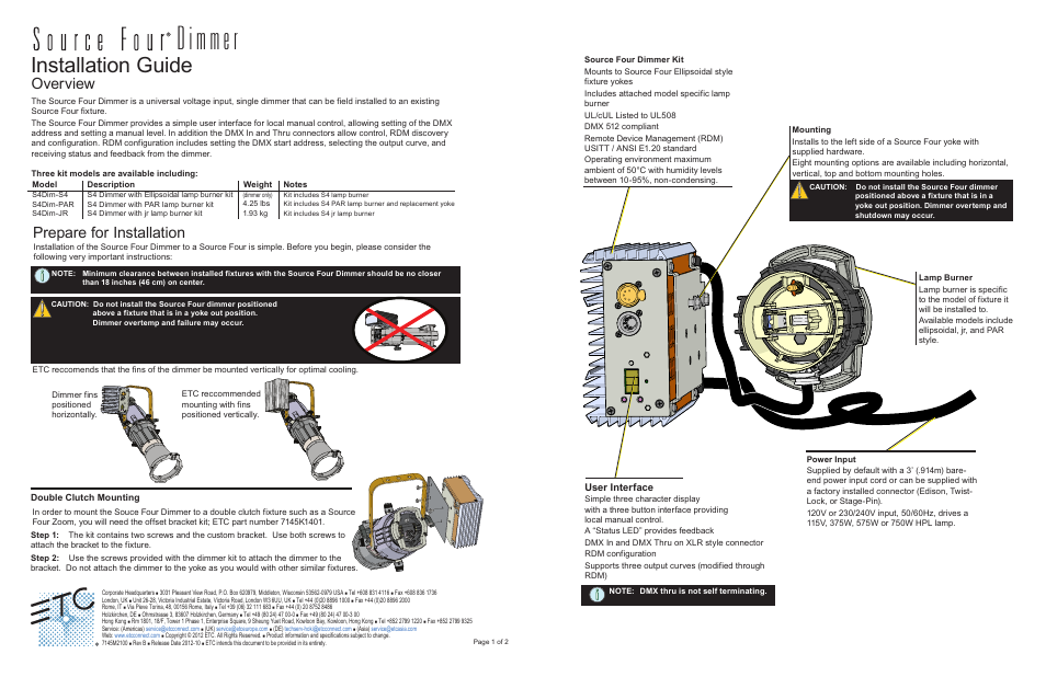 ETC Source Four Dimmer Installation Guide User Manual | 2 pages