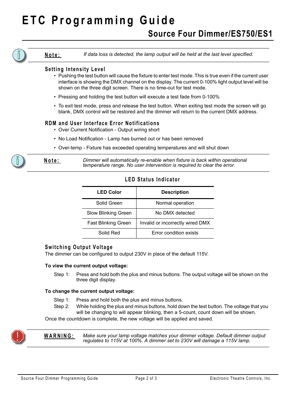 Setting intensity level, Rdm and user interface error notifications, Led status indicator | Switching output voltage, Source four dimmer/es750/es1 | ETC Source Four Dimmer Programming Guide User Manual | Page 2 / 3