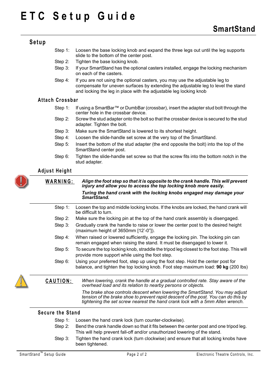 Setup, Attach crossbar, Adjust height | Secure the stand, Smartstand | ETC SmartStand Setup Guide User Manual | Page 2 / 2